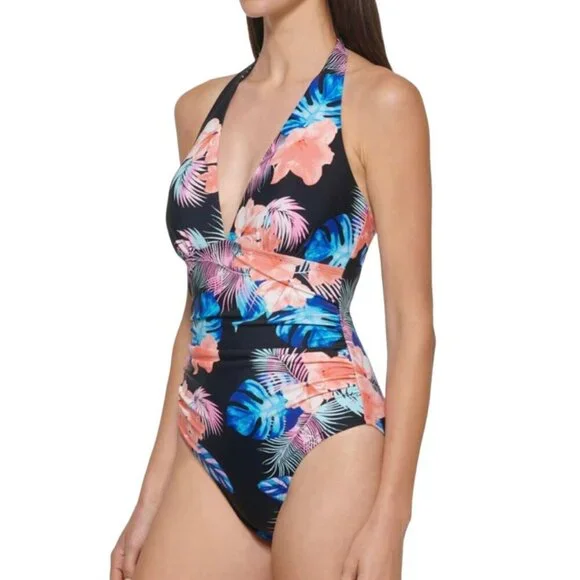 DKNY Womens Size S Island Tropical Print Shirred‎ Waist Halter Swimsuit NWT - Picture 2 of 7